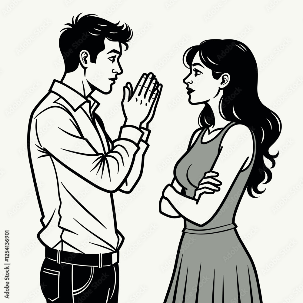 Man pleading to woman during conversation, emotional connection Man pleading to woman during conversation, emotional connection