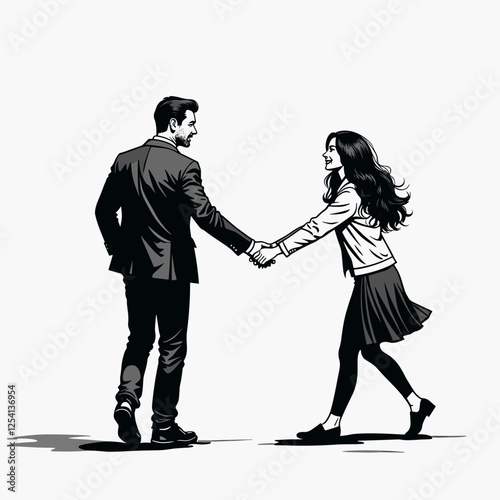 Couple shaking hands and smiling, plain background, connection