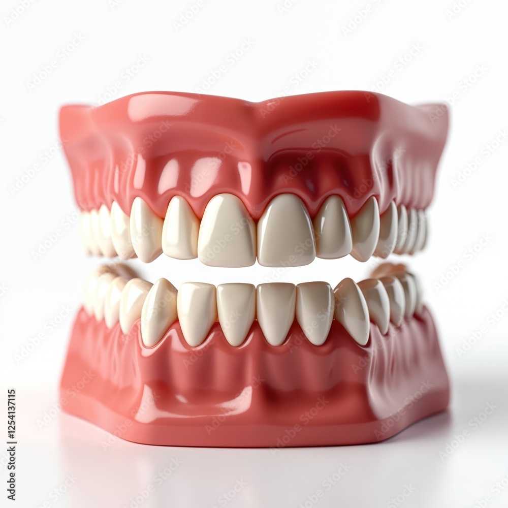 Obraz premium False teeth isolated on white background. Model depicts removable dentures for the upper, lower jaw for dental clinic. Prosthetic aesthetic teeth replacement for elderly.