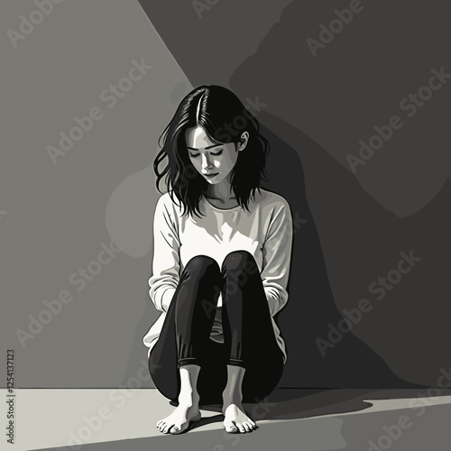 Sad woman sitting on floor in monochrome background, introspective reflection