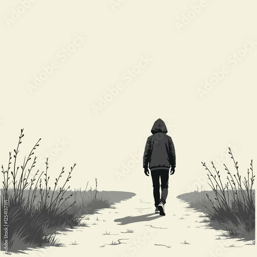 Person walking on a winding path through grass and bushes, solitude journey