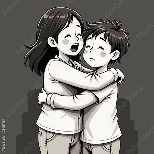 Joyful siblings embracing happily against a dark background, love