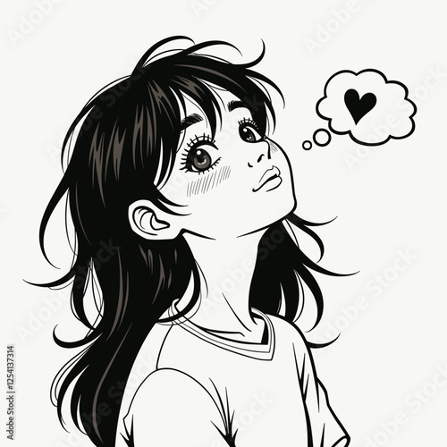 Anime girl daydreaming with heart bubble, expression of love