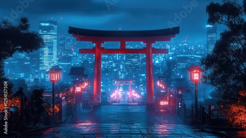 Wallpaper Mural A vibrant torii gate illuminated at night, overlooking a city skyline. Torontodigital.ca