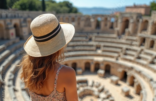 Woman in hat looks at Coliseum in Pula Croatia. Travel to ancient amphitheater. Summer vacation in Europe. Journey to Istria. Holidays in historic landmark. photo