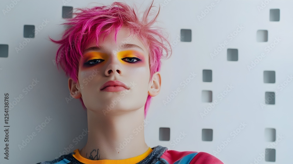Obraz premium Confident Young Man with Pink Hair and Makeup: Bold, expressive portrait of a stylish LGBTQ+ youth. Perfect for campaigns promoting self-expression, 