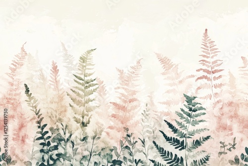 Pastel fern watercolor mural, nature background, wall decor