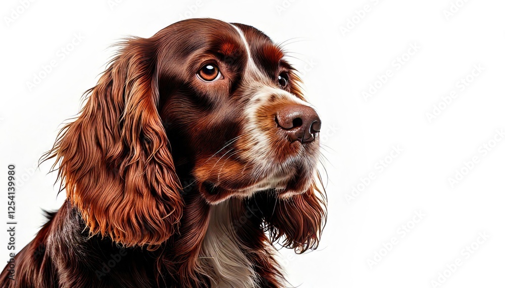 Brown and white springer spaniel with expressive eyes posed against a plain white background Brown and white springer spaniel with expressive eyes posed against a plain white background