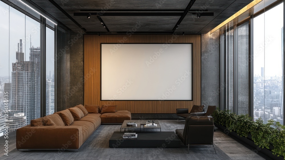 Fototapeta premium Modern office lounge, city view, blank screen, presentation