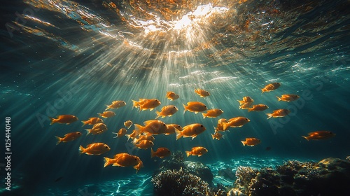 Sunlit Coral Reef, Fish School, Underwater Scene, Ocean Life, Nature Stock photo