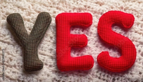 Knitted letters forming the word yes on a cozy fabric background