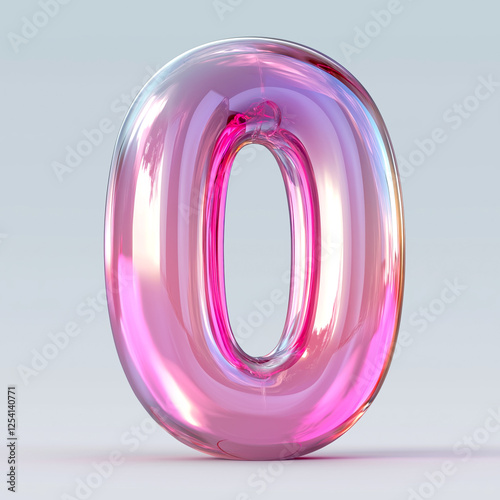 Colorful transparent 3D number zero in vibrant pink hue displayed on a clean, simple background. Holographic pink balloon number 0 on light background, festive decoration