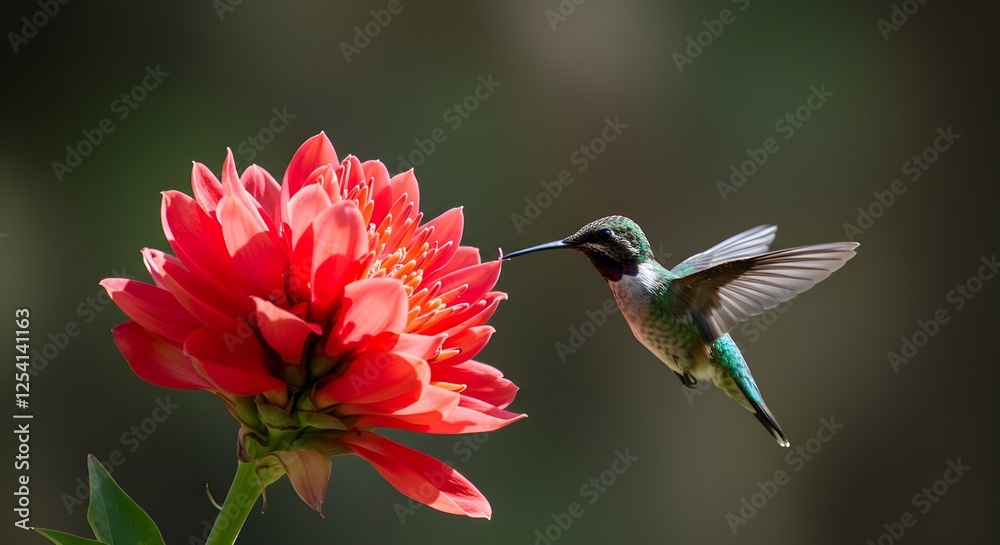 Fototapeta premium Colibrí volando para recoger el néctar de una hermosa flor. 