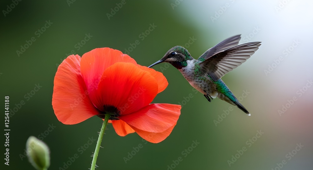 Obraz premium Colibrí volando para recoger el néctar de una hermosa flor. 