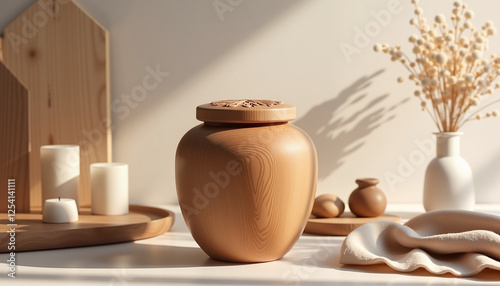 Decorative wooden urn on minimalist table setting