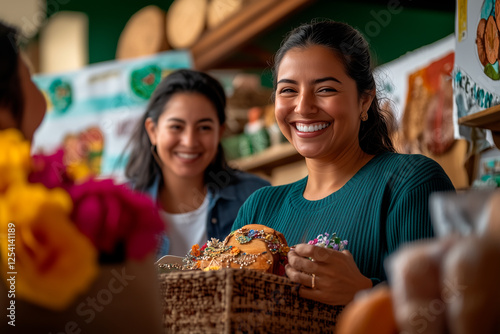 Latina woman selling handcrafted goods at a local organic market
