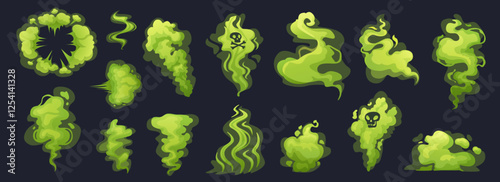 Cartoon green smoke set. Toxic gas, bad smell cloud, chemical bomb, comic fart, dirty fog vector illustration