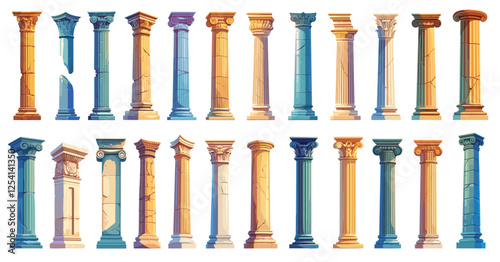 Ancient columns and pillars set. Greek stone architecture decoration, classical ornate golden columns with pedestal and capital, vector