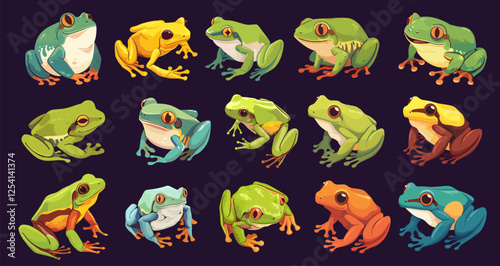 Cartoon frogs set. Cute tropical colorful amphibian animals, wildlife fauna vector illustration