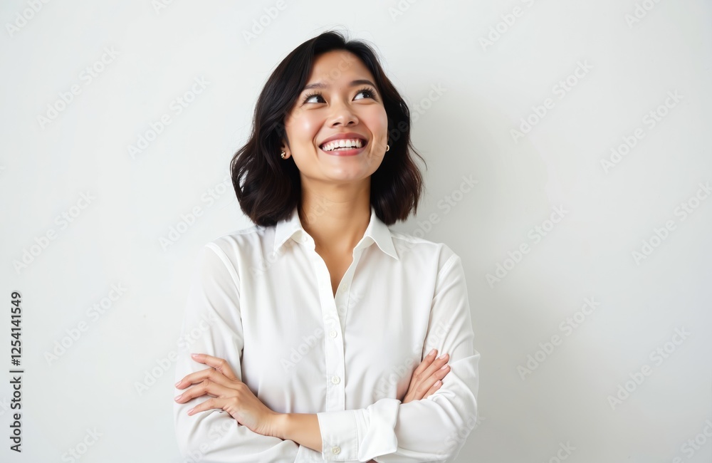 Smiling asian woman in white shirt standing, dreaming, thinking. Cheerful businesswoman looks up, crosses arms. Positive emotions, confidence and success. Isolated on white. Copy space. Smiling asian woman in white shirt standing, dreaming, thinking. Cheerful businesswoman looks up, crosses arms. Positive emotions, confidence and success. Isolated on white. Copy space.