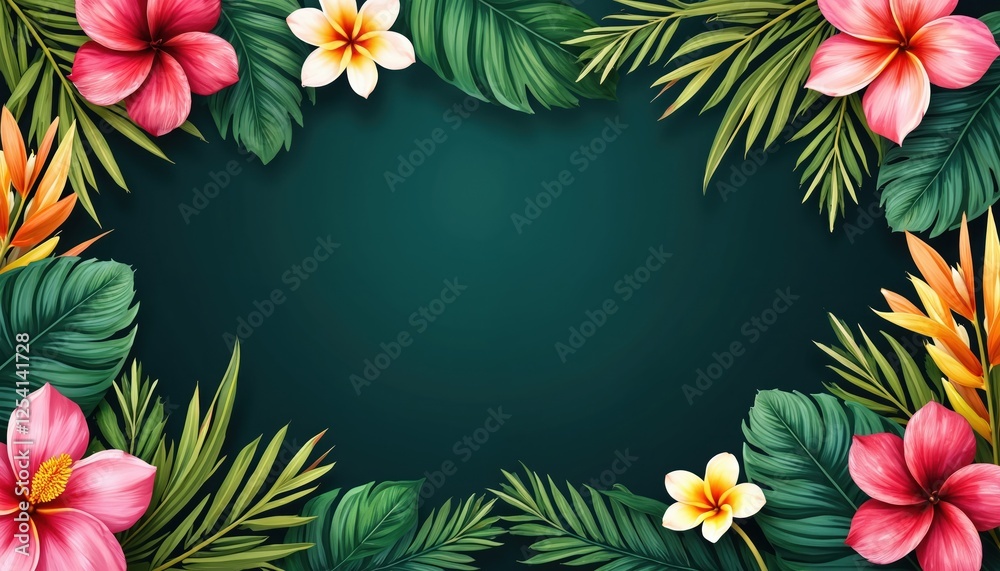 Fototapeta premium Illustration of tropical floral frame with green palm tree leaves, hibiscus, plumeria flowers. Vibrant summer background for invitation, poster, card, website, decoration or advertising project.