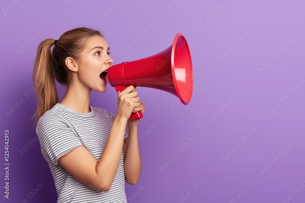 A young woman with a ponytail enthusiastically speaking into a red megaphone against a purple background. A young woman with a ponytail enthusiastically speaking into a red megaphone against a purple background.