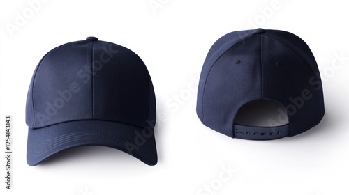 Navy blue baseball cap mockup, front and back, white background, design template