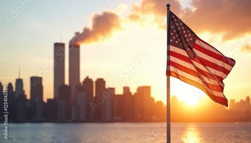 American flag waves at sunrise with Twin Towers silhouette. Solemn tribute commemorating 911 with gentle atmosphere of remembrance, hope, patriotism, honoring victims, supporting freedom.