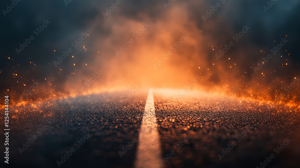 Obraz premium A bokeh-style photograph capturing the motion of a horizontal stadium asphalt road, viewed from the front, with a smoky haze and a dramatic dark blue and orange background