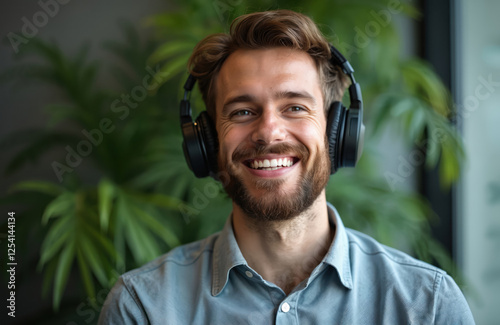 Smiling bearded man enjoys music with headphones in office with green plants. Happy businessman freelancer breathes, relaxes at work, listens to headset at workplace.