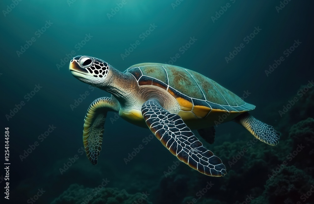 Fototapeta premium Sea turtle swims in blue ocean. Protection of sea turtles from extinction concept, underwater life, pollution of the environment, diving, freediving at sea resorts. Marine animal underwater.