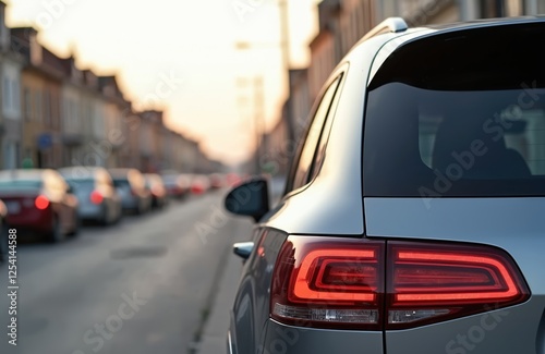 Car rear lights detail in traffic jam. Silver automobile on road during sunset. Automotive industry shot, sticker mockup, car window. Commute in a modern city.