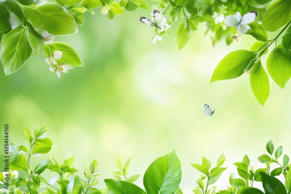 A captivating scene adorned with butterflies flitting around lush green leaves and beautiful white flowers, symbolizing joy and vitality in a blossoming nature setting. A captivating scene adorned with butterflies flitting around lush green leaves and beautiful white flowers, symbolizing joy and vitality in a blossoming nature setting.