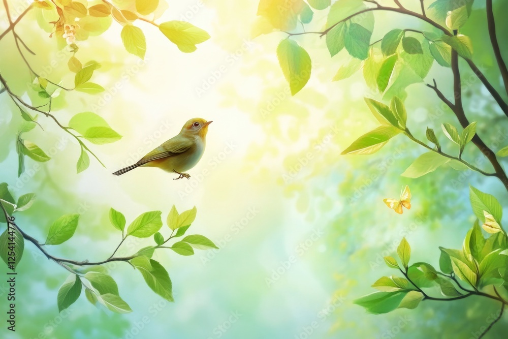 Obraz premium This enchanting image showcases a vibrant bird surrounded by lush green leaves, creating a serene atmosphere that evokes feelings of peace and tranquility in nature.
