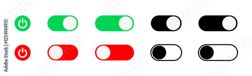On and off toggle switch buttons in material design. A set of modern switch buttons for UI elements, apps, and websites. Clean and minimal vector illustration.