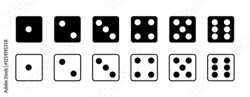Dice square icon set with six-sided dice designs. A complete vector illustration of classic casino and board game dice for gaming and entertainment visuals.