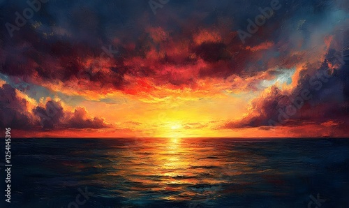 Dramatic sunset over the ocean with fiery clouds painting a vivid canvas at dusk