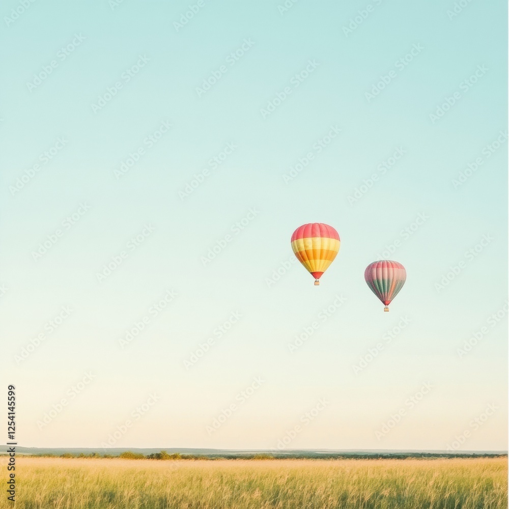 Fototapeta premium Colorful hot air balloons soar over a stunning field during an early morning sky. Generative AI