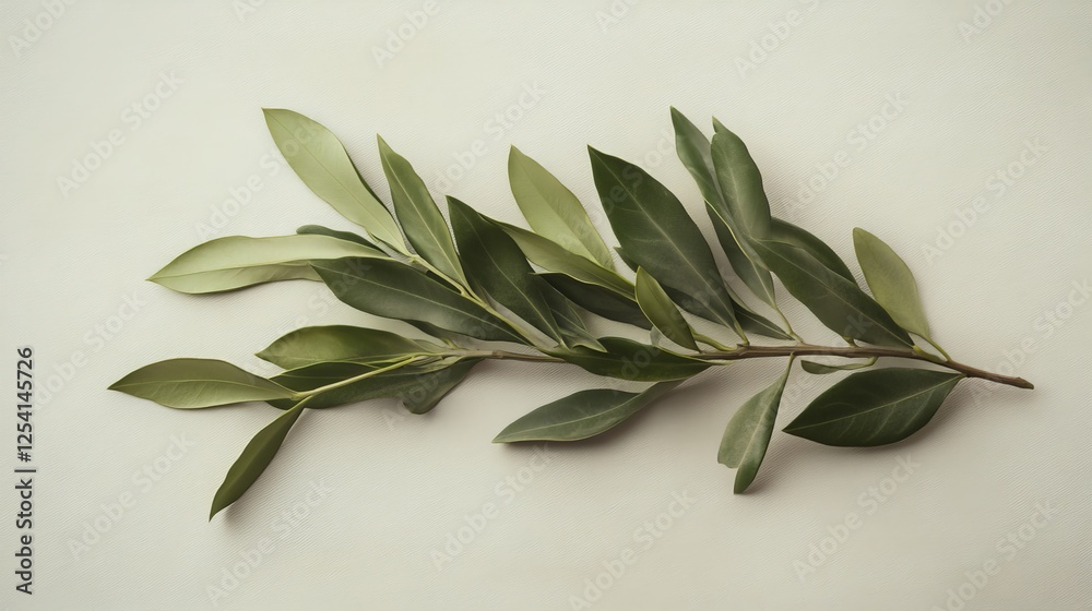 Obraz premium An isolated branch of fresh olive leaves rests on a white backdrop. 