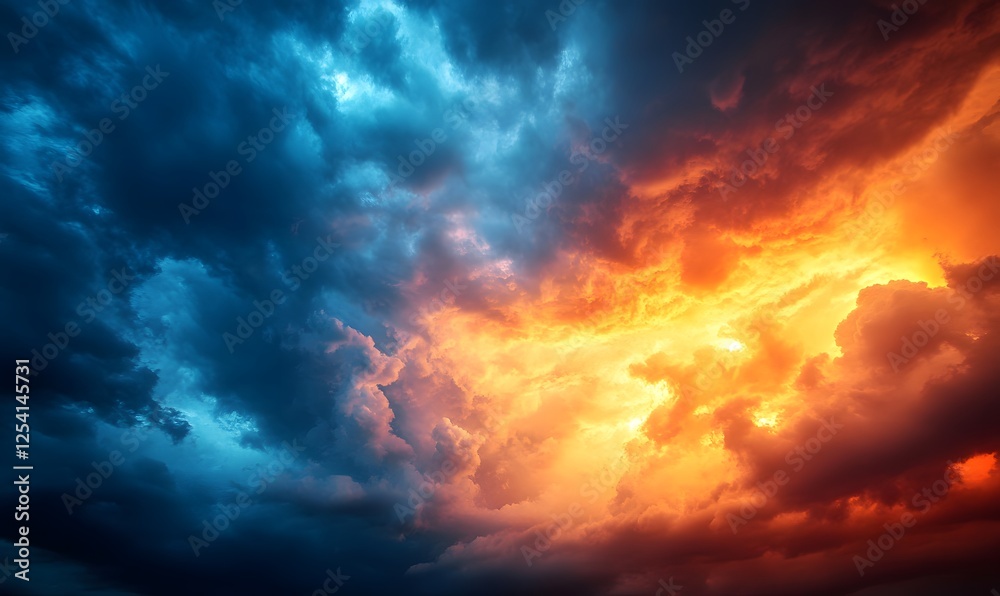 Dramatic Skyscape with Contrasting Blue and Orange Clouds at Dawn or Dusk Dramatic Skyscape with Contrasting Blue and Orange Clouds at Dawn or Dusk