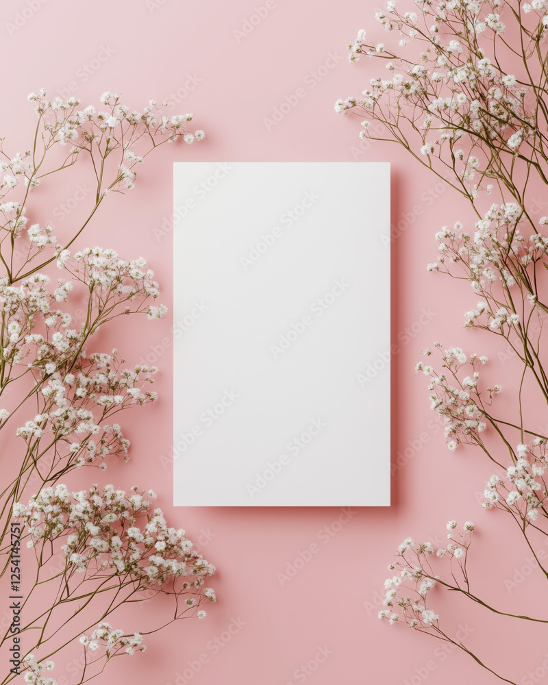 Elegant 5x7 white card mockup with pastel pink roses and baby's breath flowers on a soft pink background, Valentine's Day theme. Elegant 5x7 white card mockup with pastel pink roses and baby's breath flowers on a soft pink background, Valentine's Day theme.