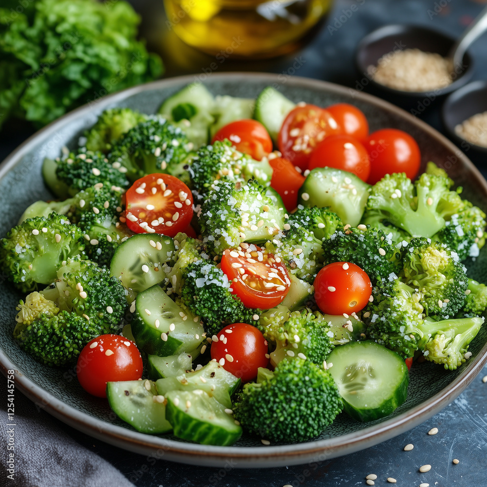 Fresh Broccoli Salad with Cherry Tomatoes and Cucumber 