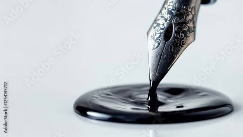 Close Up of Ornate Fountain Pen Dripping Ink on White Surface