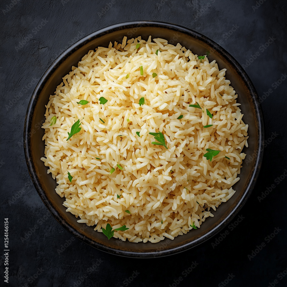 Fluffy Cooked Basmati Rice in Wooden Bowl on Dark Background Fluffy Cooked Basmati Rice in Wooden Bowl on Dark Background
