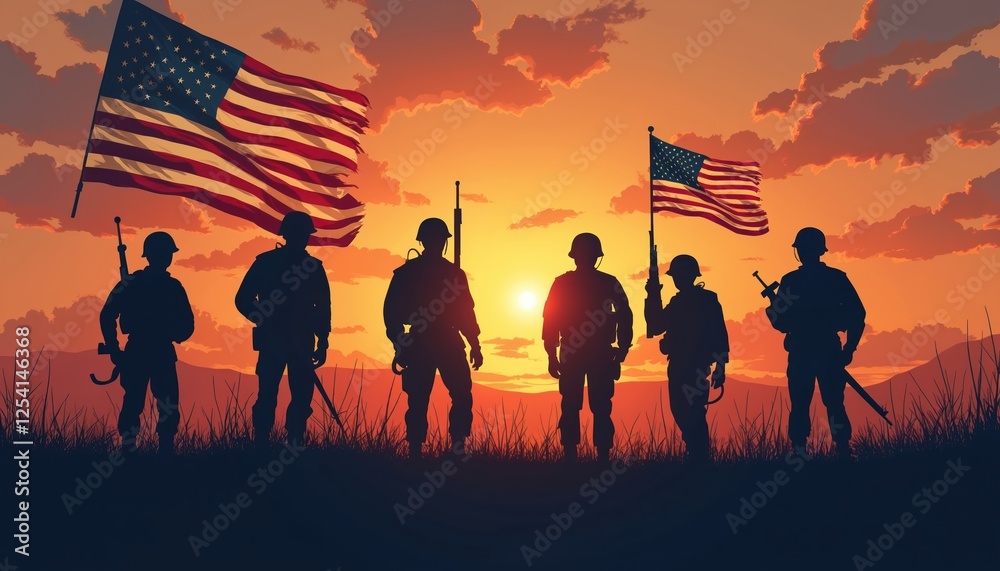 Naklejka premium Silhouettes of soldiers with US flags at sunset. Veterans Day visual illustration. Army armed troops on mission. Memorial patriotic background. Honoring fallen heroes.