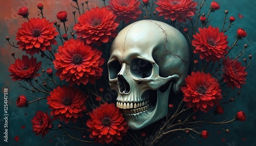 Memento Mori illustration of skull surrounded by red flowers. Dark fantasy art with gothic, surreal atmosphere, death, decay themes. Artistic emotional painting of life and death contrast.