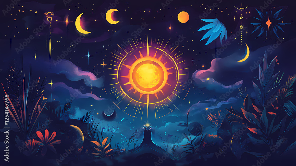 Fototapeta premium Magic ritual with esoteric fortune and esoterconcept. Eclipse Prophecies. Illustration