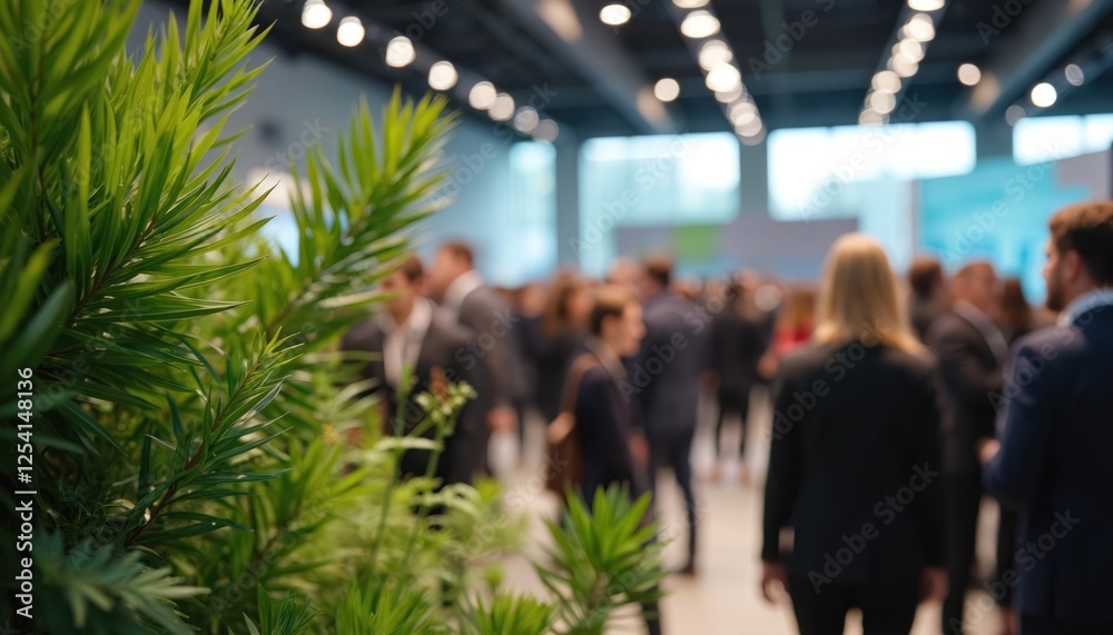 Obraz premium Indoor photo of Circular Economy Conference with blurred crowd networking at exibition. Focus on plant decor in foreground, sustainability exhibits. Modern urban city event, environmentally friendly