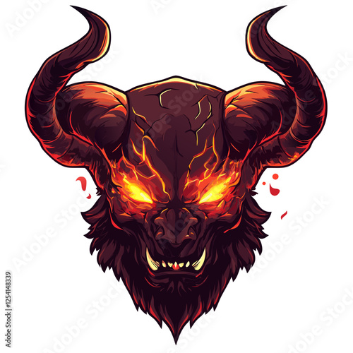 Demonic minotaur esports logo with fiery cracks and glowing eyes representing power and intensity
