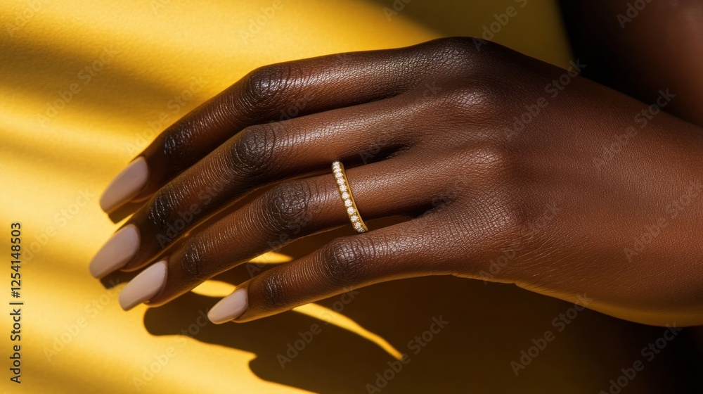 Fototapeta premium photo of a black woman's hand with a thin golden bracelet and ring. yellow and gold background.